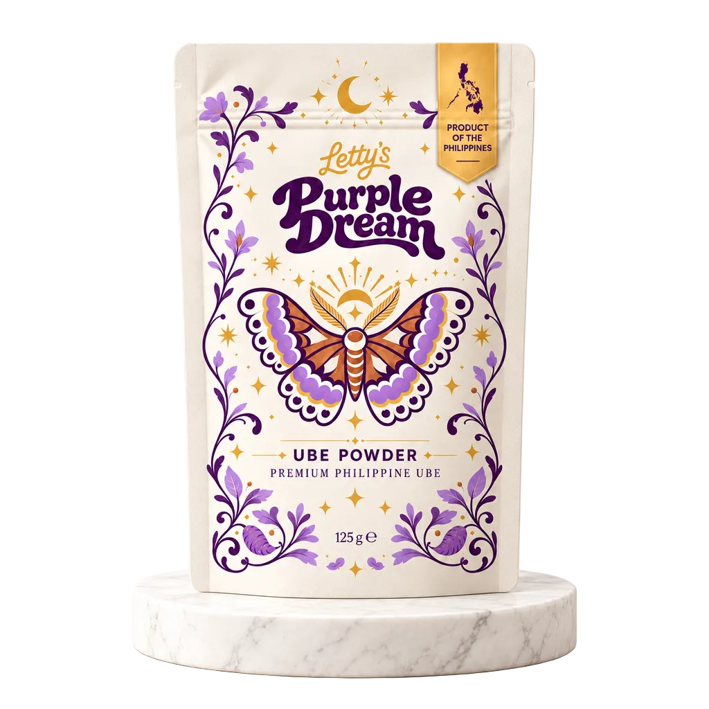 Letty's Purple Dream Ube Powder 125g on a marble pedestal against a warm cream background